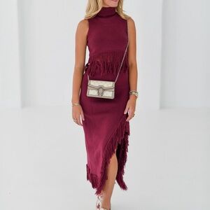 Vestique Boutique Maroon Burgundy Fringe Sweater Skirt & Top Matching Set